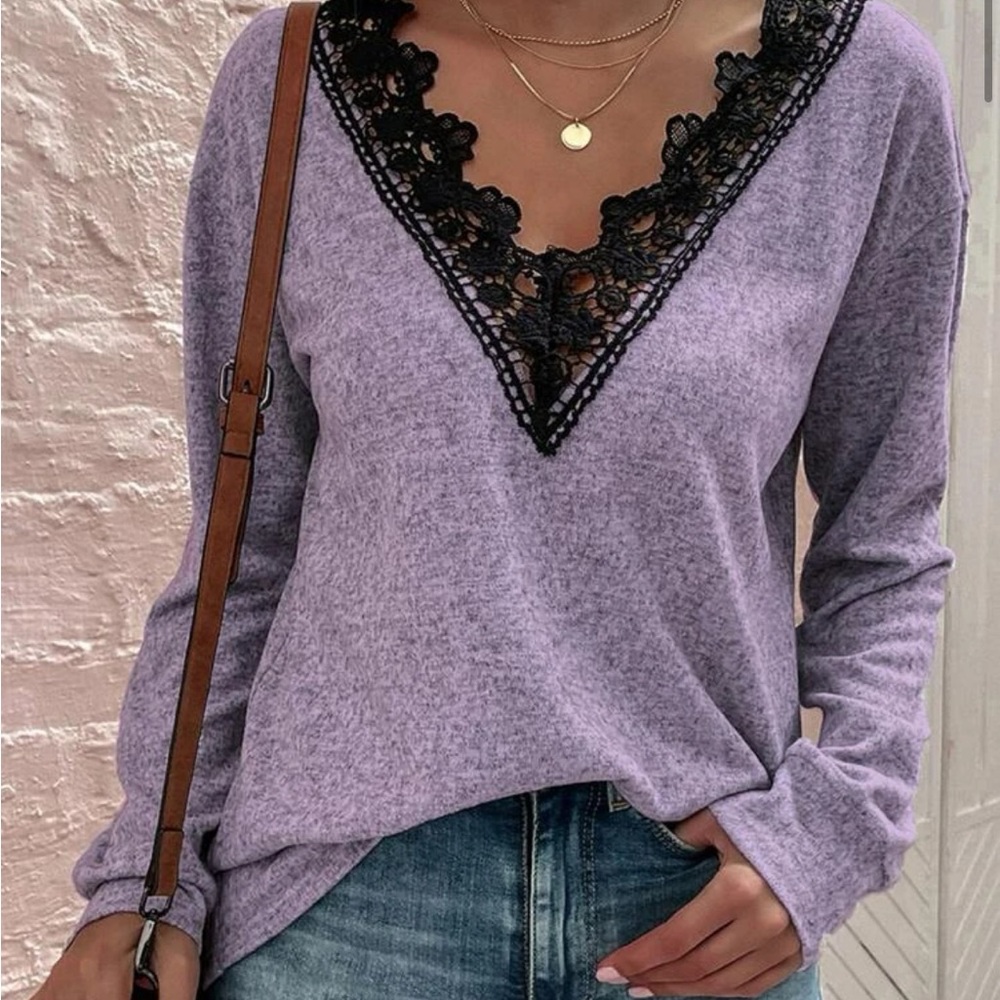 Lace trim drop shoulder tee SHEIN